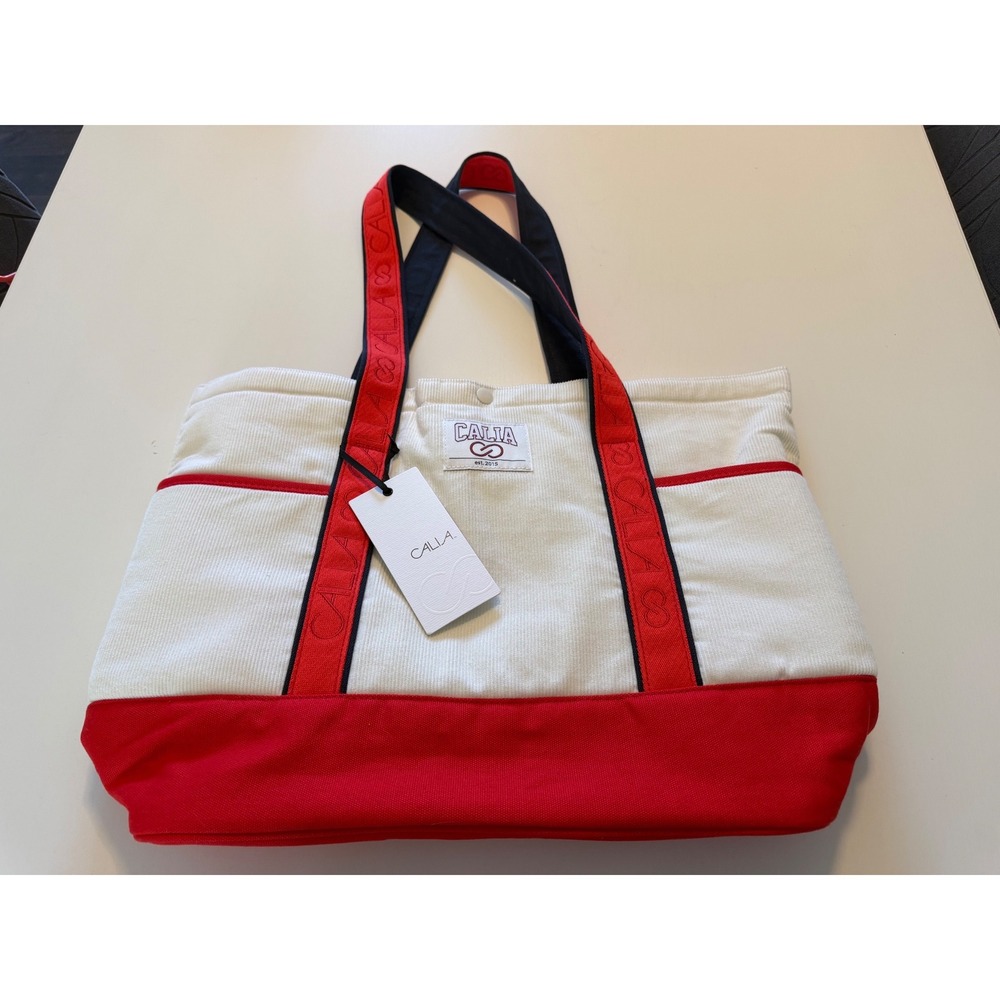 CALIA Corduroy Tote Bag White Red Navy Colorblock Shoulder Bag NWT